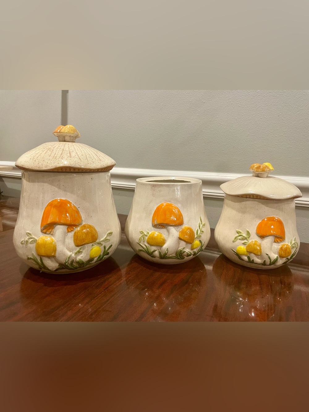 SET OF 3 VINTAGE ARNEL'S MUSHROOM CANISTERS WITH 2 LIDS-1976